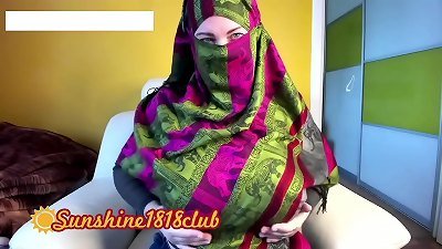 Arab muslim Hijab jeans nut sack backside jerking cooter joy button on web cam recording February 14th